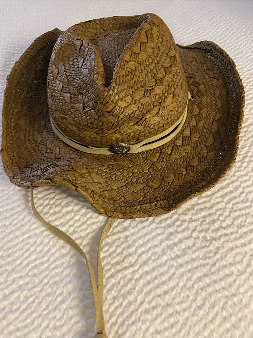 Cov-ver handmade Brown Straw Australian style Cowboy Hat with Chin Strap
